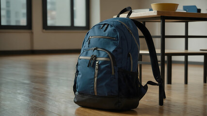 Backpack blue gray stands on the floor near the table backpack in the classroom close-up