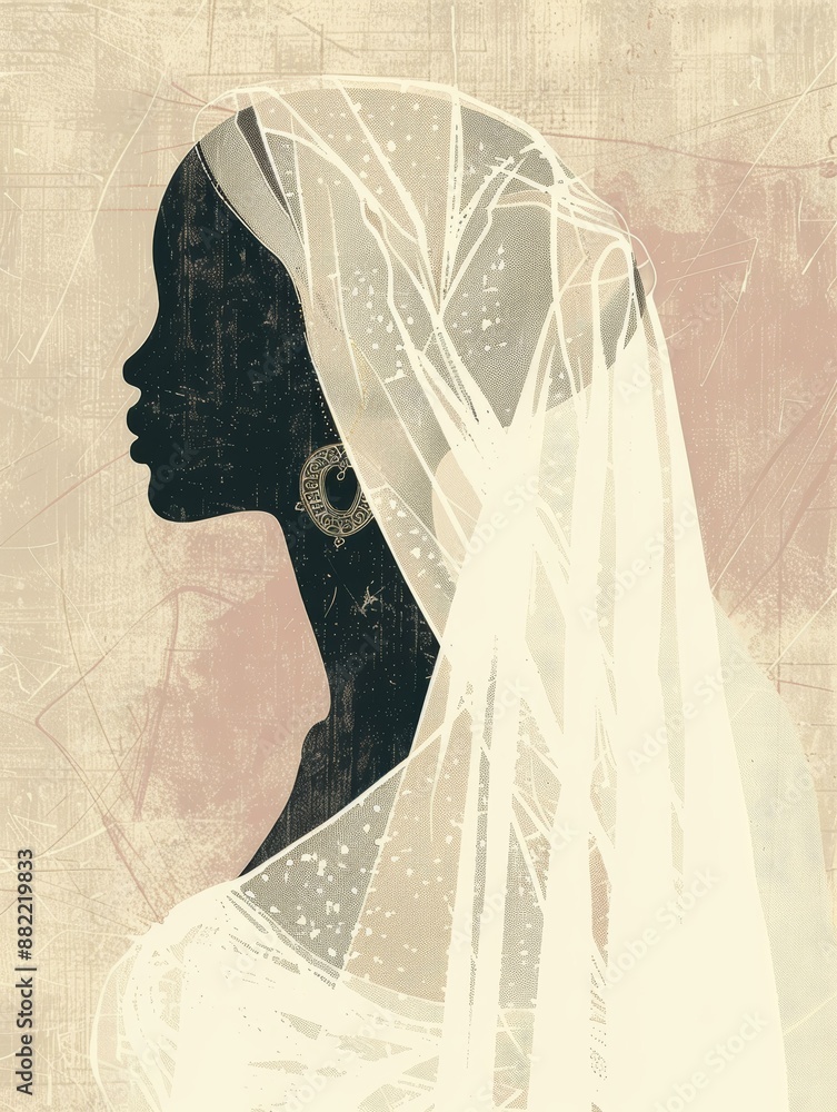 Canvas Prints A woman, with her face obscured by a white veil, gazes to the side