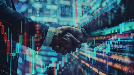 Fototapeta premium Business handshake with charts and stock market data symbolizes collaboration and success in the corporate world