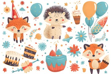 Whimsical woodland animals celebrate a birthday with balloons, cake, and festive decorations.