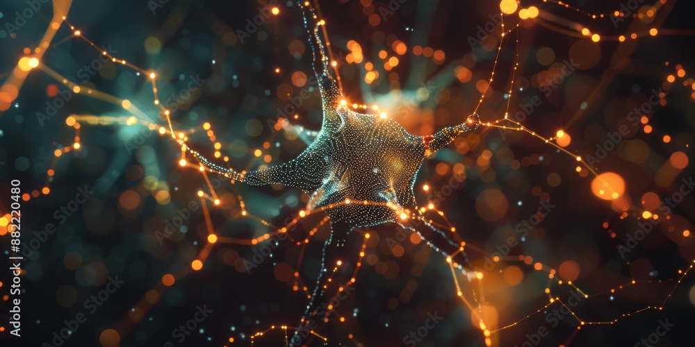 Poster a detailed depiction of a neural network with glowing synapses, representing complex interconnection