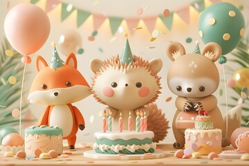 Fototapeta premium Adorable woodland creatures celebrate a birthday with colorful balloons, confetti, and cakes.