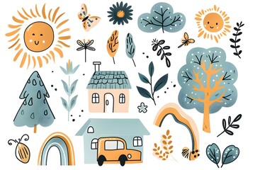 Fototapeta premium Whimsical nature illustration with house, trees, sun, butterflies, and plants in pastel colors