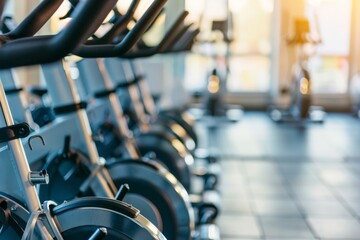Row of exercise bikes in a gym. Fitness and workout equipment concept.