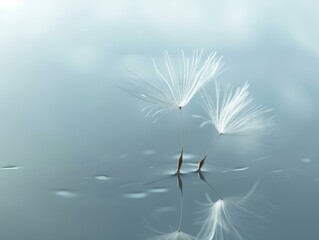 Two delicate dandelion seeds float on a still, blue body of water with their reflections mirrored beneath the surface. A light mist hangs in the air, creating a soft and ethereal atmosphere