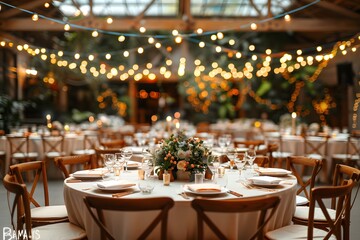 Elegant wedding reception with string lights, round tables, and floral centerpieces in rustic venue