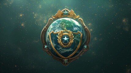 planet earth with a blue background and a globe with a green area around it.