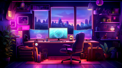 Fototapeta na wymiar Neon teen streamer room interior with desk and pc