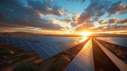 Sunset over solar panel farm in the desert highlighting renewable energy and sustainability with a breathtaking sky view