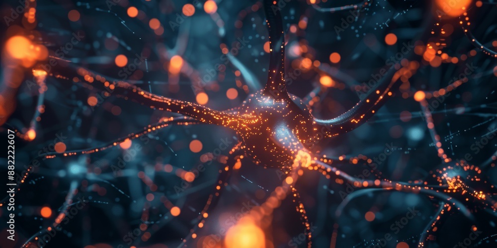 Poster intricate network of neurons with synapses and interconnected paths, showing advanced biology and ne