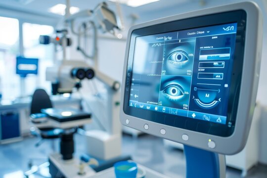 Medical equipment and eye examination monitor in a clinic.