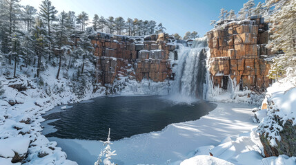 landscape waterfall in winter