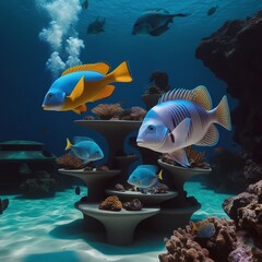 Fish aquarium walpaper,Tropical sea underwater fishes on coral reef. Aquarium oceanarium wildlife colorful marine panorama landscape nature snorkel diving,River pond decorative orange underwater fish