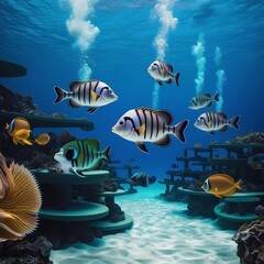 Fish aquarium walpaper,Tropical sea underwater fishes on coral reef. Aquarium oceanarium wildlife colorful marine panorama landscape nature snorkel diving,River pond decorative orange underwater fish