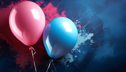 Shiny reflective pink and blue balloons against an abstract paint splattered background for baby boy or girl gender reveal announcement party