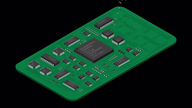 Isometric electronic board animation. Isometric printed circuit board with electronic components. Electronic components and integrated circuit board. Transparent background with alpha channel