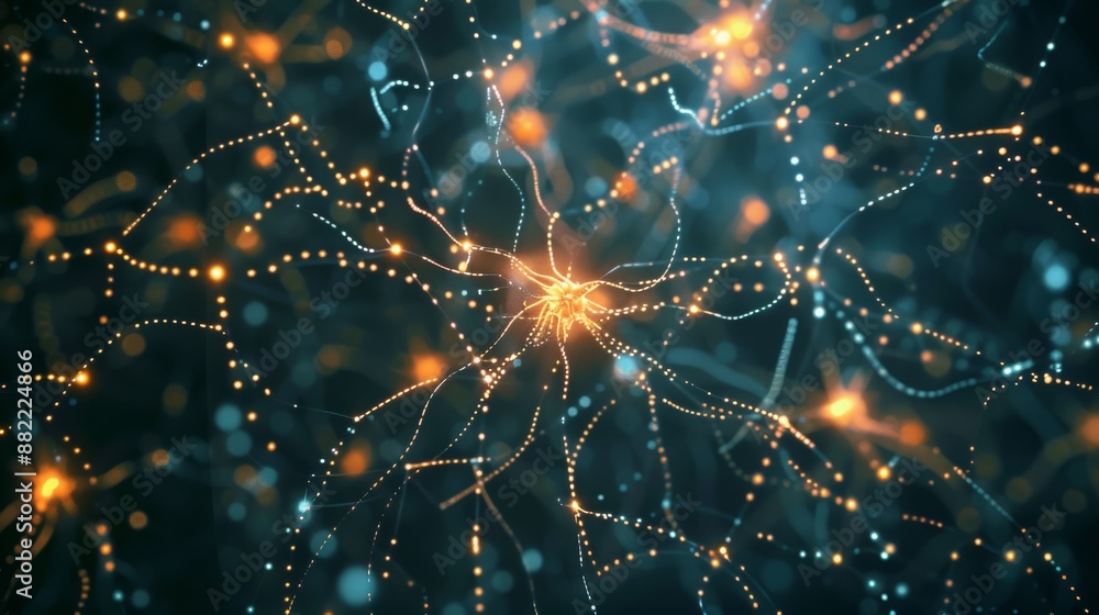 Poster the illustration displays neural networks transmitting signals and processing data with intricate co