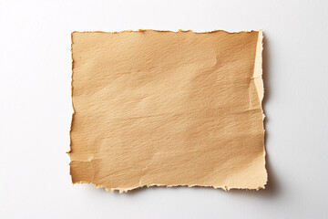 A high-resolution image of an aged, yellowed piece of paper with frayed edges and subtle creases, placed against a pristine white background. The paper's texture and slight discoloration give it