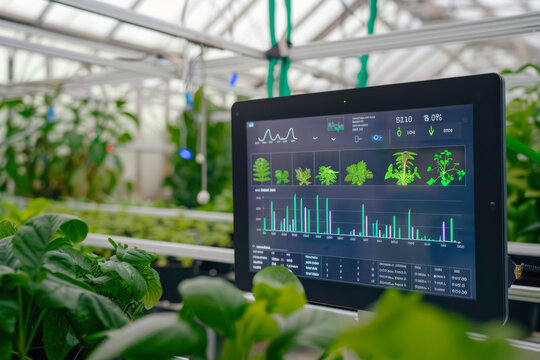 A digital interface showing plant growth data in a greenhouse, representing controlled environment agriculture with precision farming techniques and advanced greenhouse technology