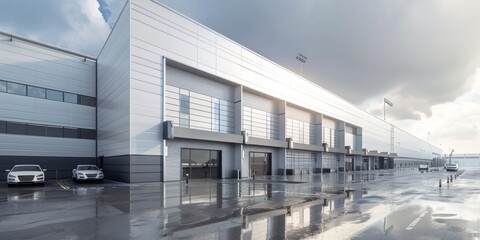 Modern warehouse building exterior, building servicing or car service buildings, Cargo transportation and logistics, with a parking lot on a blue sky background, Car repair or service concept.