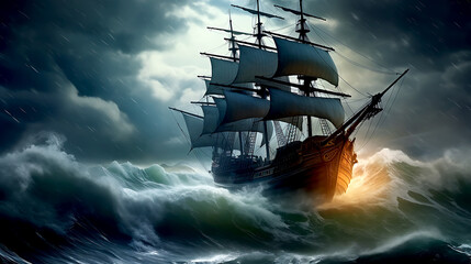 Naklejka premium Sail ship braving the waves of a wild stormy sea at night