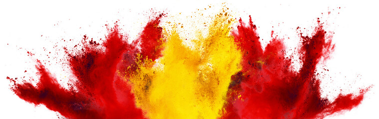 colorful spanish flag red gold yellow color holi paint powder explosion isolated white background. Spain europe celebration soccer travel tourism concept.