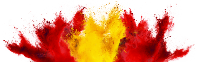 colorful spanish flag red gold yellow color holi paint powder explosion isolated white background. Spain europe celebration soccer travel tourism concept.