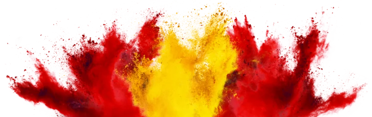 colorful spanish flag red gold yellow color holi paint powder explosion isolated white background. Spain europe celebration soccer travel tourism concept. © stockphoto-graf