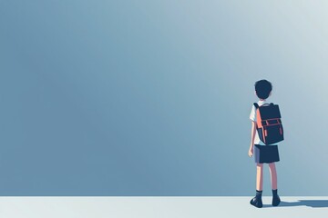 Obraz premium Asian teen boy stands on edge of white wall wearing black backpack and blue shorts. Boy looks off to side possibly lost in thought. Back to school theme with young student preparing for new year.