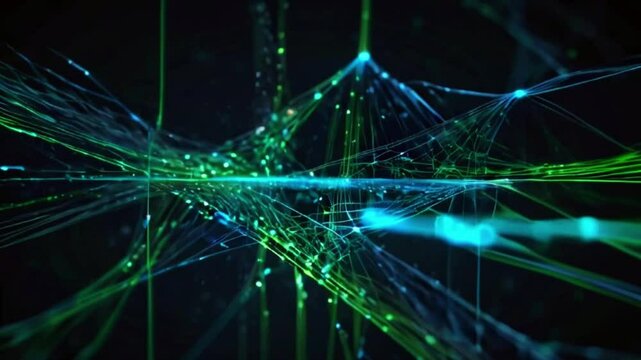 Blue and green data streams flow through a network of interconnected nodes, highlighting the speed and efficiency of digital data transfer, 4K Wallpaper animation video