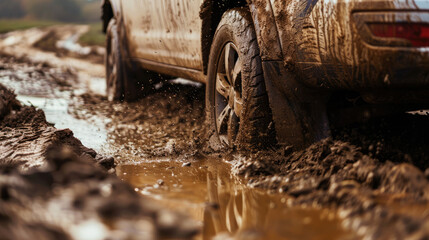 Fototapeta premium Close-up view of a car driving through the mud. off-road travel