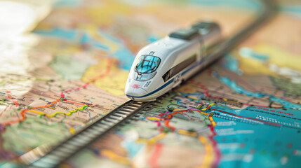Close up of train on map, travel concept.