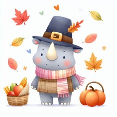 Fototapeta premium Cute cartoon rhino wearing pilgrim hat and scarf holding a basket of autumn harvest.