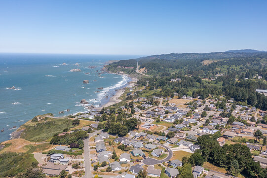 Aerial View of Homes and Harris Beach in Brookings Oregon, Southern Oregon Coast