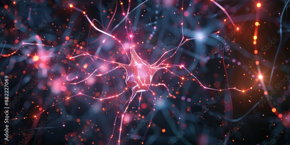 Poster a complex neural network symbolizes brain operations, focusing on discovery and innovation in neuros