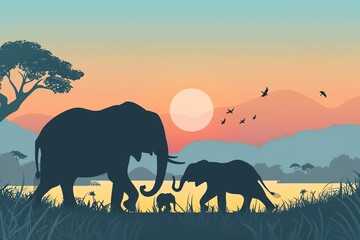 Fototapeta premium Silhouettes of elephants walking in the African savanna at sunset.