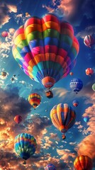Fototapeta premium A whimsical hot air balloon festival in a fantasy sky, bright colors, illustration, magical and detailed