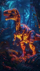 Bioluminescent dinosaurs in a scifi jungle, glowing markings, vibrant colors, digital art, high resolution