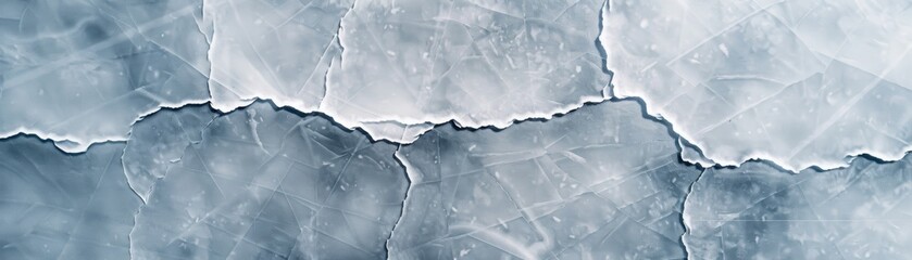 Obraz premium Aerial view of cracked ice on a frozen lake, showcasing natural patterns and textures. Cold, winter scenery captured in stunning detail.