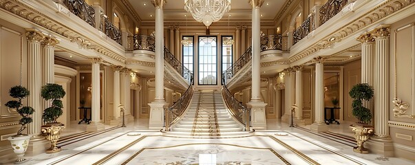 Luxurious mansion with a grand entrance.