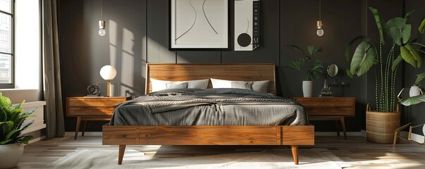 Mid-century bedroom with an empty wall plaque.