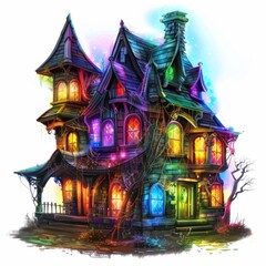 Fototapeta premium Eerie Haunted House Illuminated with Rainbow Lights - Digital Painting of Halloween Scenery on White Background