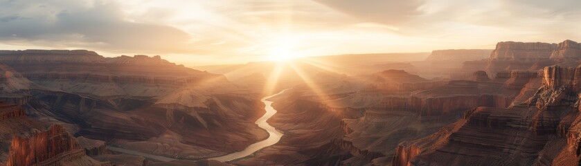 Majestic sunrise over the Grand Canyon, highlighting the river and rugged landscape illuminated by the golden rays of the morning sun.