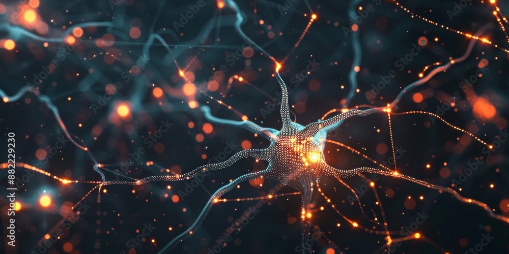 Poster an intricate artistic portrayal of neurons with luminous synapses, representing interconnected neura