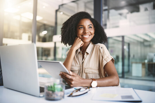 Woman, thinking and tablet in office for business, idea and planning schedule on digital app. Communication, email and employee in creative agency, online vision and company website or professional