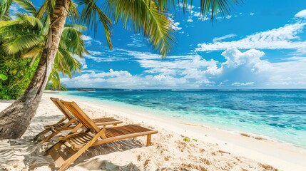 Beautiful tropical beach with sun lounger