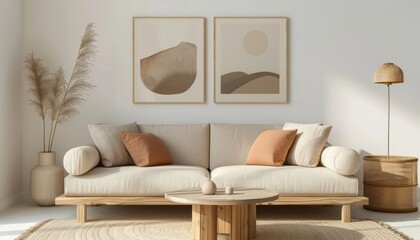 Two mockups of paintings with mountains hung on the wall above a beige sofa in a Scandinavian living room interior, with a wooden coffee table and pastel pillows