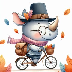 Naklejka premium A cute cartoon rhinoceros riding a bicycle with a basket of leaves, wearing glasses, a hat and a scarf. Autumn leaves fall around him.