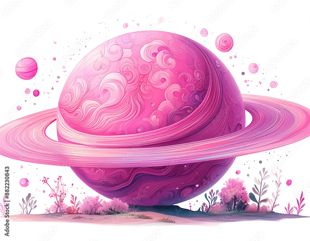 Poster pink planet- a whimsical pink planet, isolated on a white background - generative ai. _1(221)