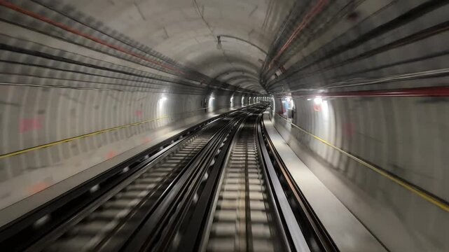 4K. Time lapse automatic train subway tunnel fast speed. Metro subway with a tunnel and a train moving fast. Tube lines in the tunnel. 4K.Time lapse automatic train subway tunnel fast speed
